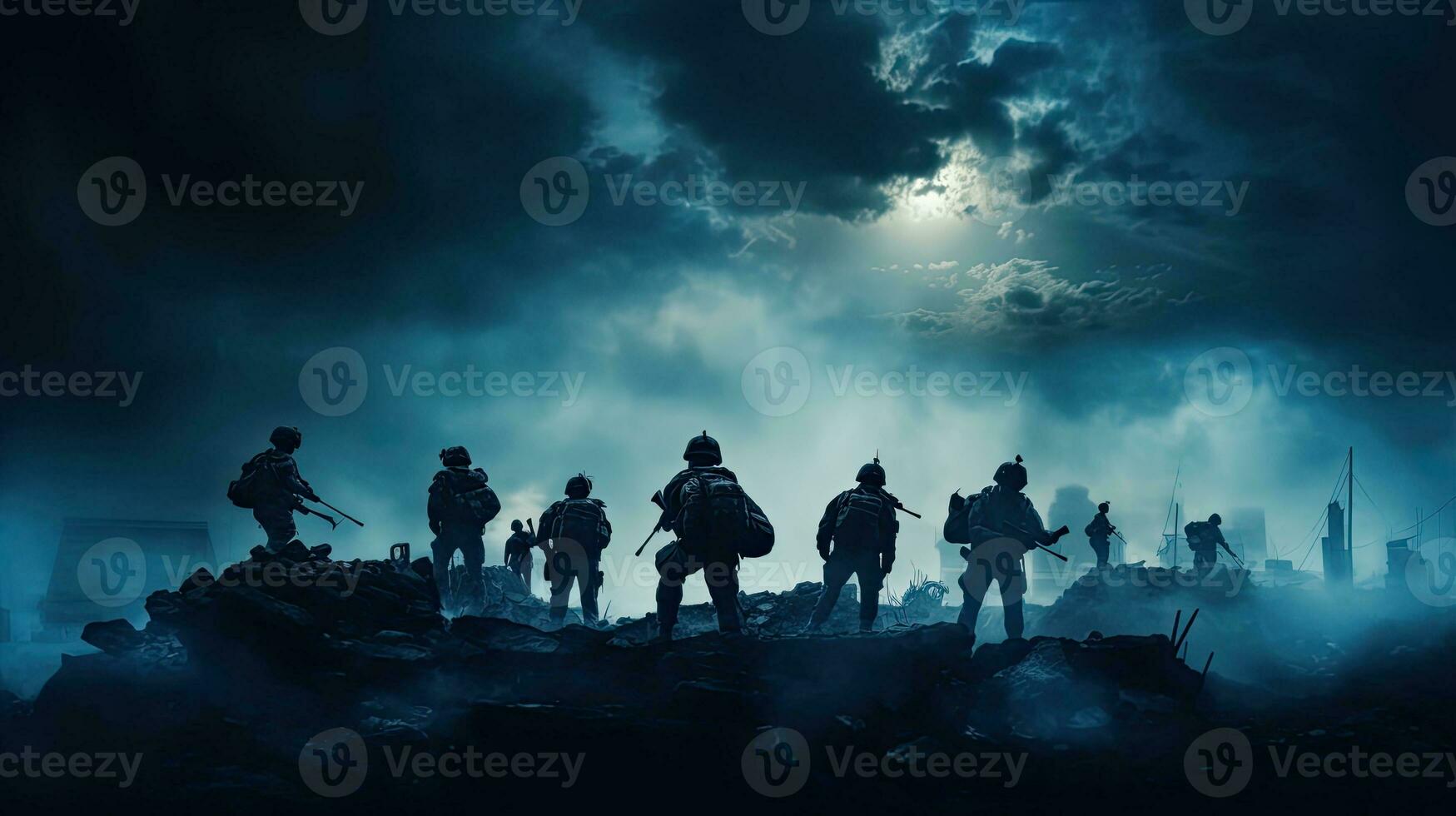 oorlog tafereel met silhouet soldaten vechten in een geruïneerd stad onder een bewolkt lucht foto