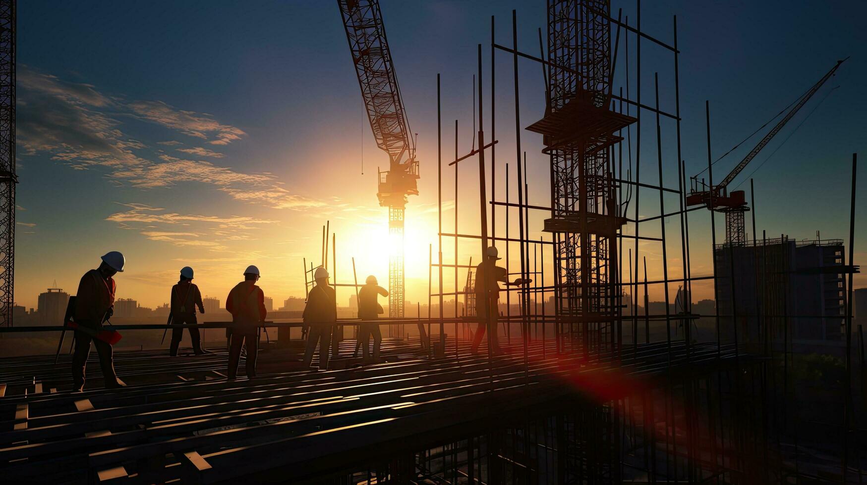 bouw kranen en arbeiders Aan een woon- gebouw tegen een zonnig lucht stad behuizing bouw appartement blok foto