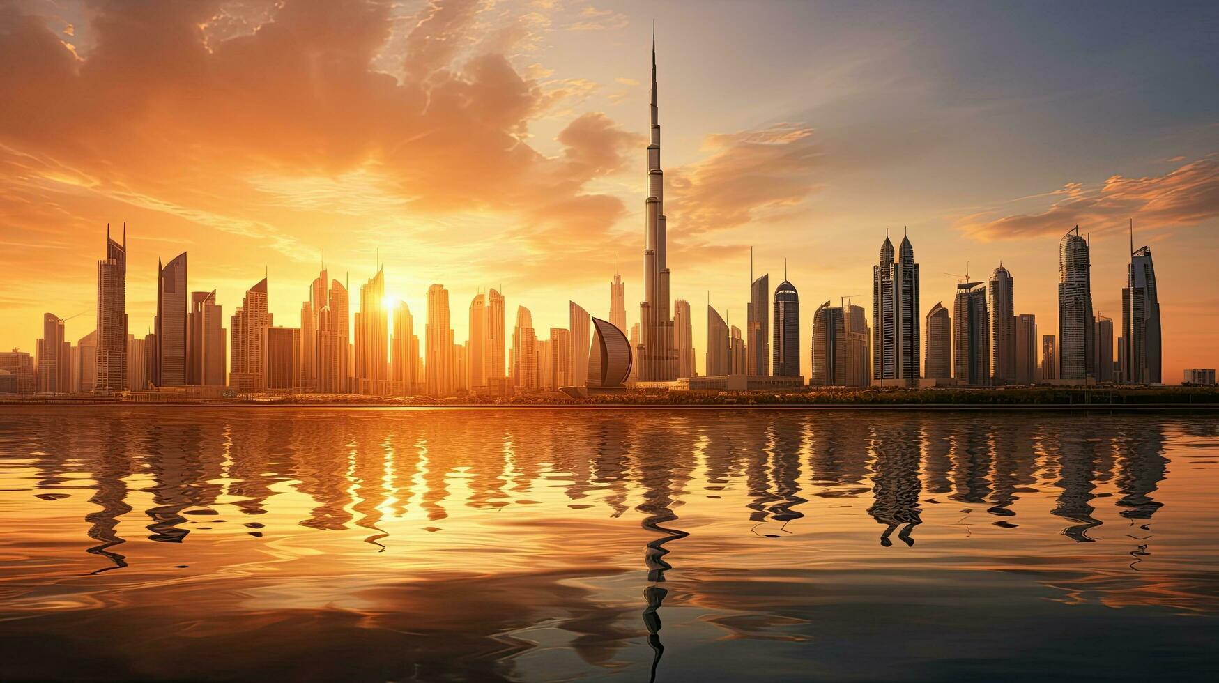 Dubai stad gebouwen profiel Bij zonsondergang in de Verenigde Arabisch emiraten foto