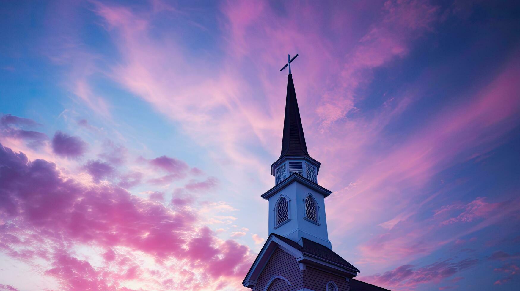 religieus gebouw silhouet tegen blauw Purper wolk gevulde lucht foto