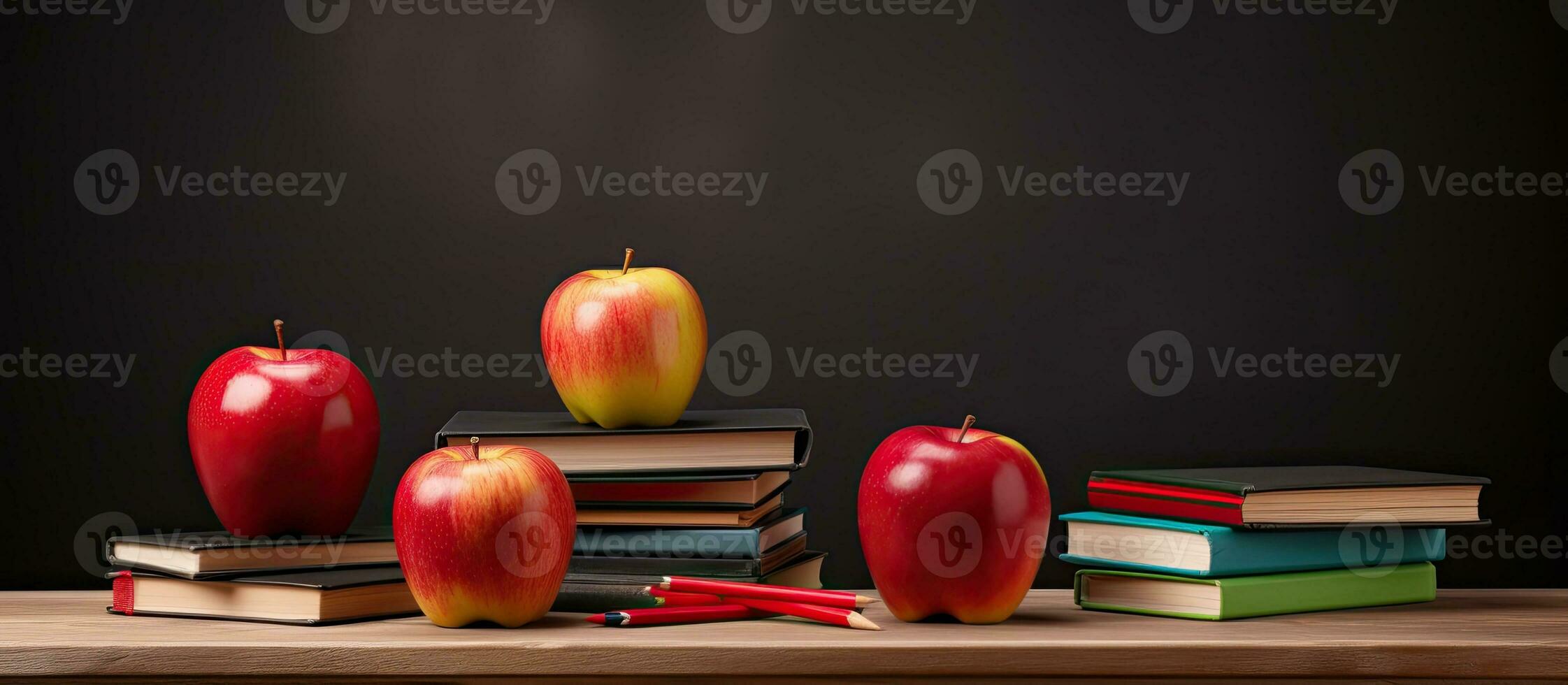 terug naar school- benodigdheden met appel en leeg schoolbord foto