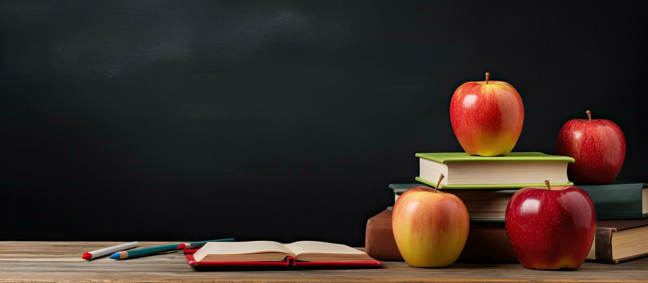 terug naar school- benodigdheden met appel en leeg schoolbord foto