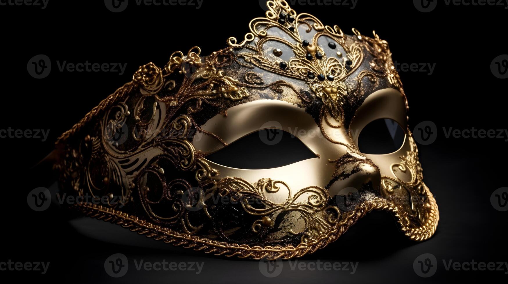 een zwart met goud detail voor de helft gezicht carnaval masker festival mooi met donker studio achtergrond voor concept en reclame gebruikt. ai gegenereerd foto
