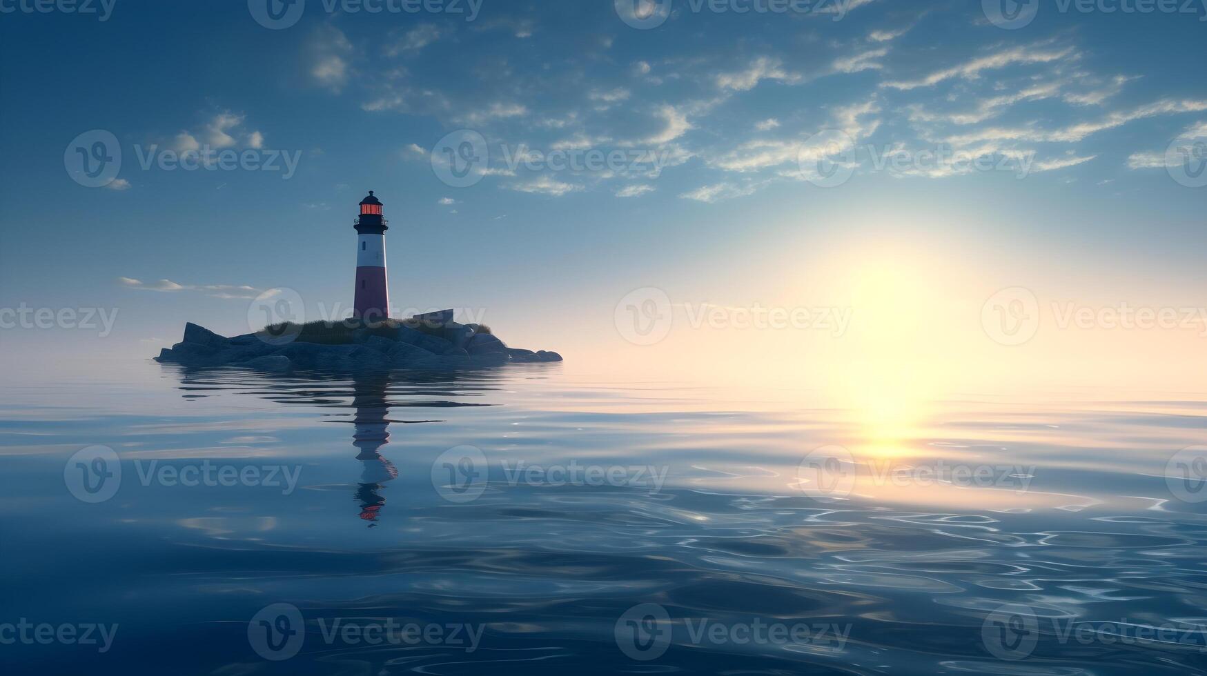 landschap van dromerig blauw lucht blauw water en een vuurtoren baken, reflectie Bij de water. ai gegenereerd foto