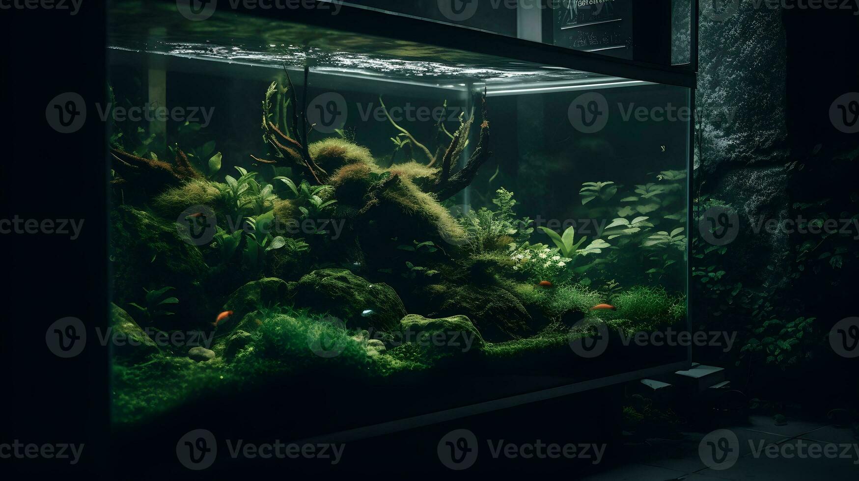 levendig onderwater- aqua scape ecosysteem in een groot vis tank aquarium met kleurrijk steen, hout, aquarium ornament, vis, en aquatisch planten. ai gegenereerd foto
