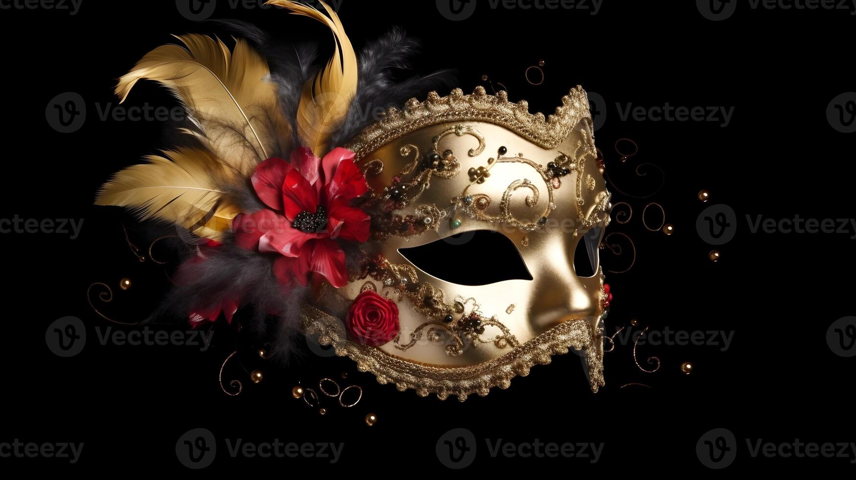 een goud voor de helft gezicht carnaval masker festival hoog detail mooi geïsoleerd Aan zwart achtergrond voor concept en reclame gebruikt. ai gegenereerd foto