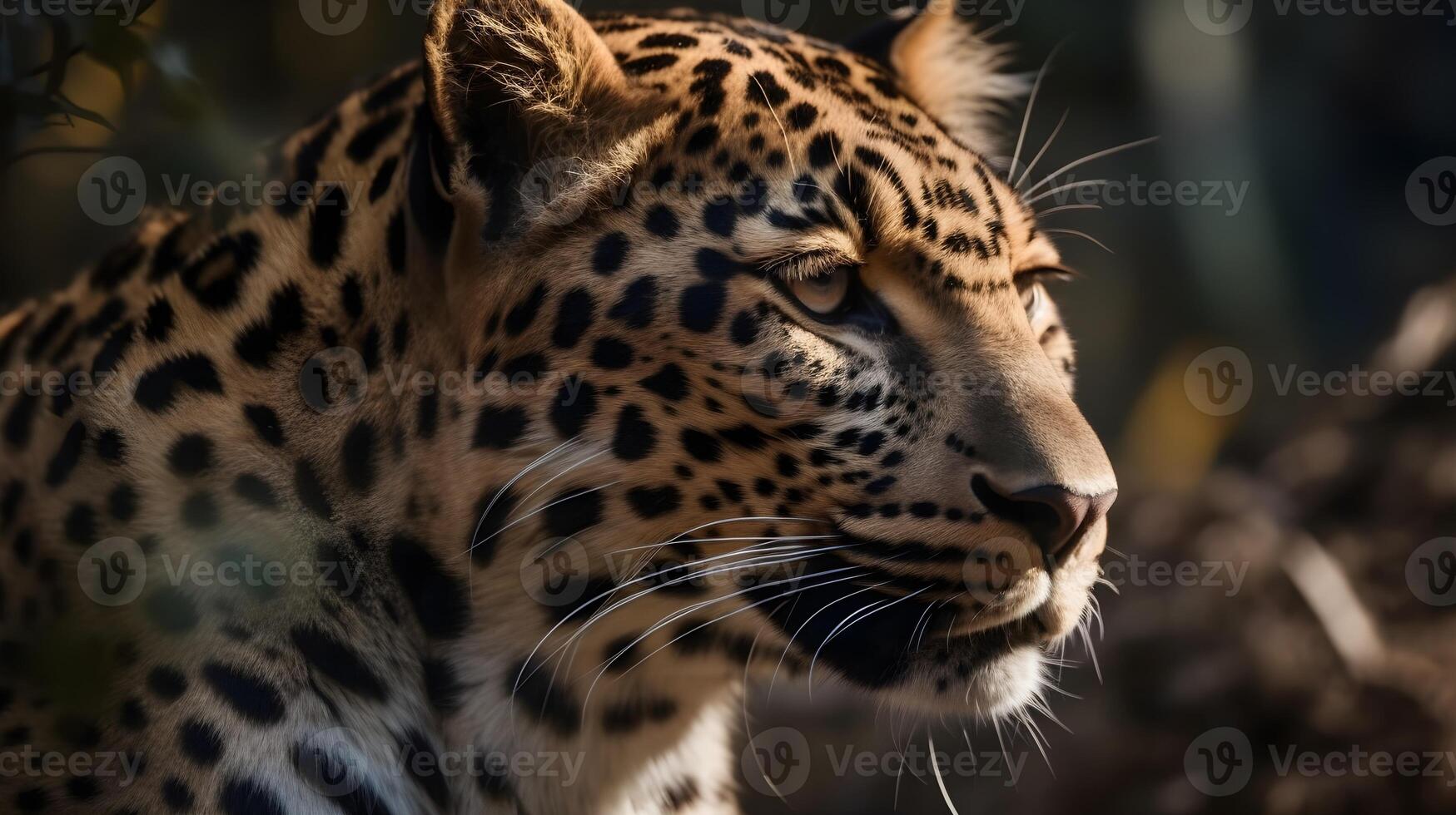 dichtbij omhoog portret van kant gezicht woest carnivoor luipaard, staren of op zoek Rechtdoor vooruit Bij natuur achtergrond. ai gegenereerd foto