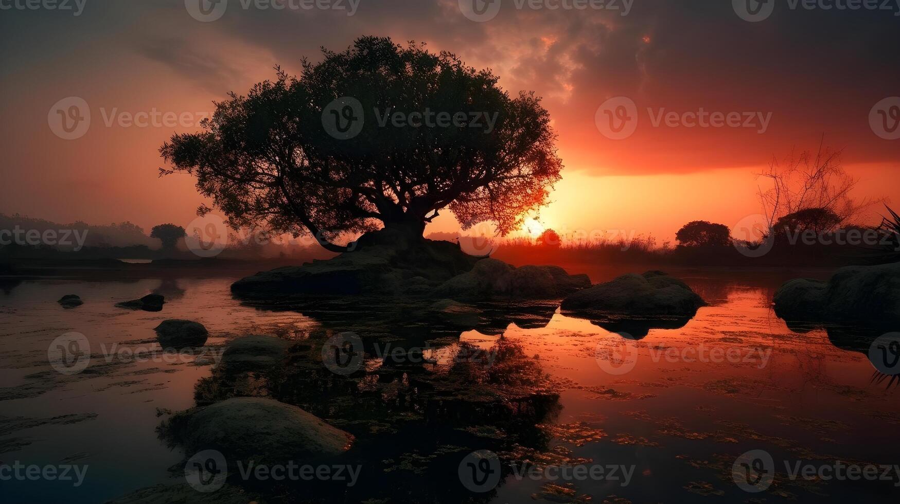 een silhouet van een boom in de avond zonsondergang in de centrum van de meer. ai gegenereerd foto