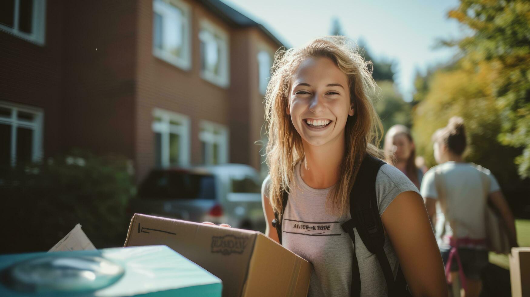 jong vrouw college leerling in beweging haar dingen uit van huis foto