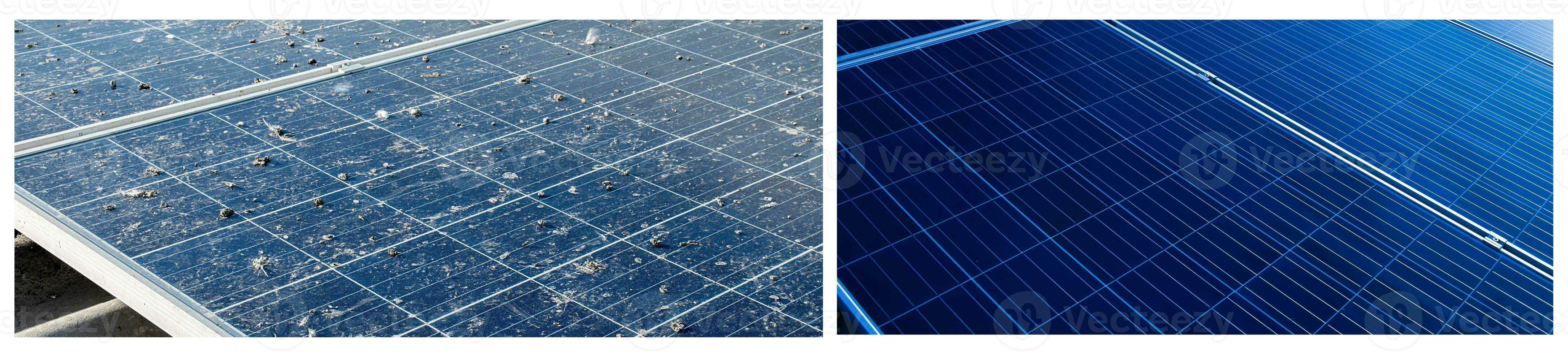 bovenste oppervlakte van fotovoltaïsche of Zonnecel panelen, vuil panelen en schoon panelen na wassen, bijgesneden schot, concept voor het wassen en schoonmaak voor de rendement van werken systeem van zonne- cellen. foto