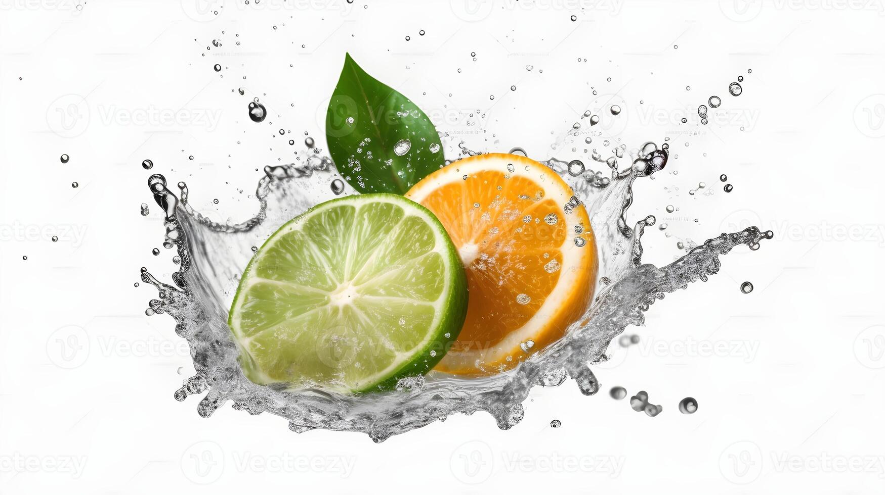 plak van citrus en oranje met water plons wit achtergrond voor advertentie en reclame. ai gegenereerd foto