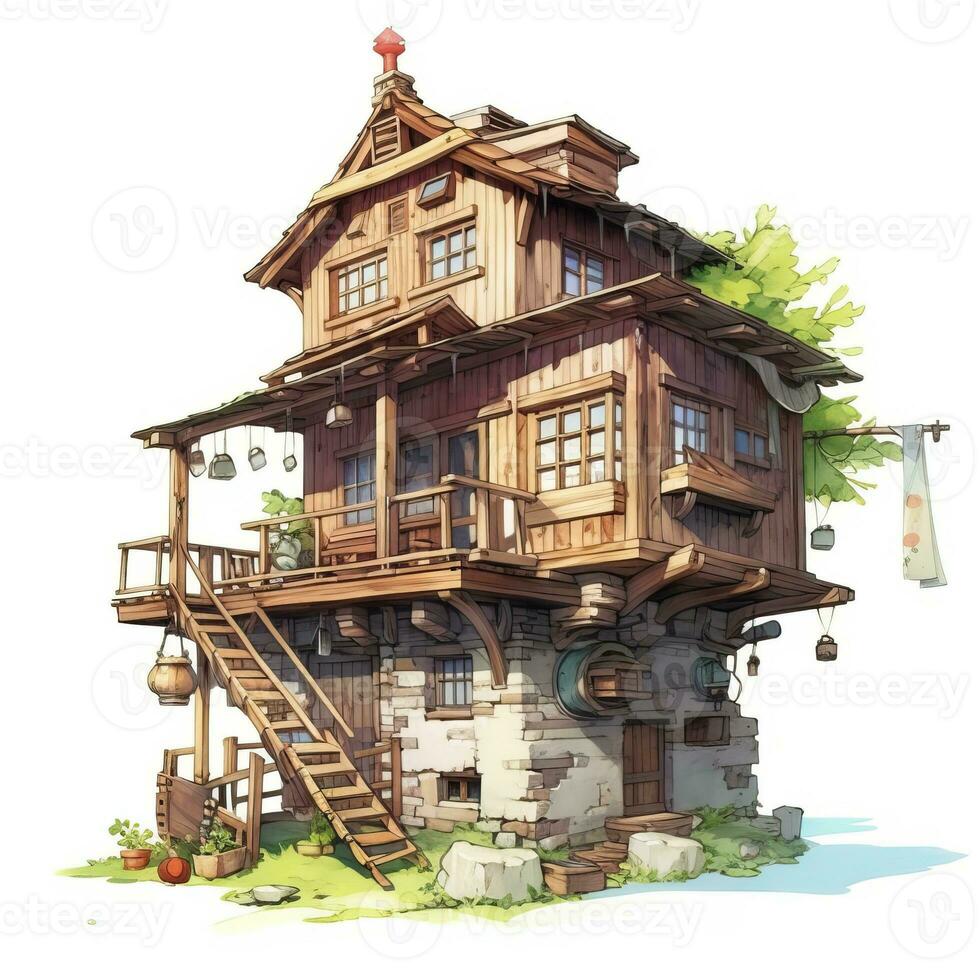 huis anime stijl, huis houten wit achtergrond hoog kwaliteit ai beeld gegenereerd foto