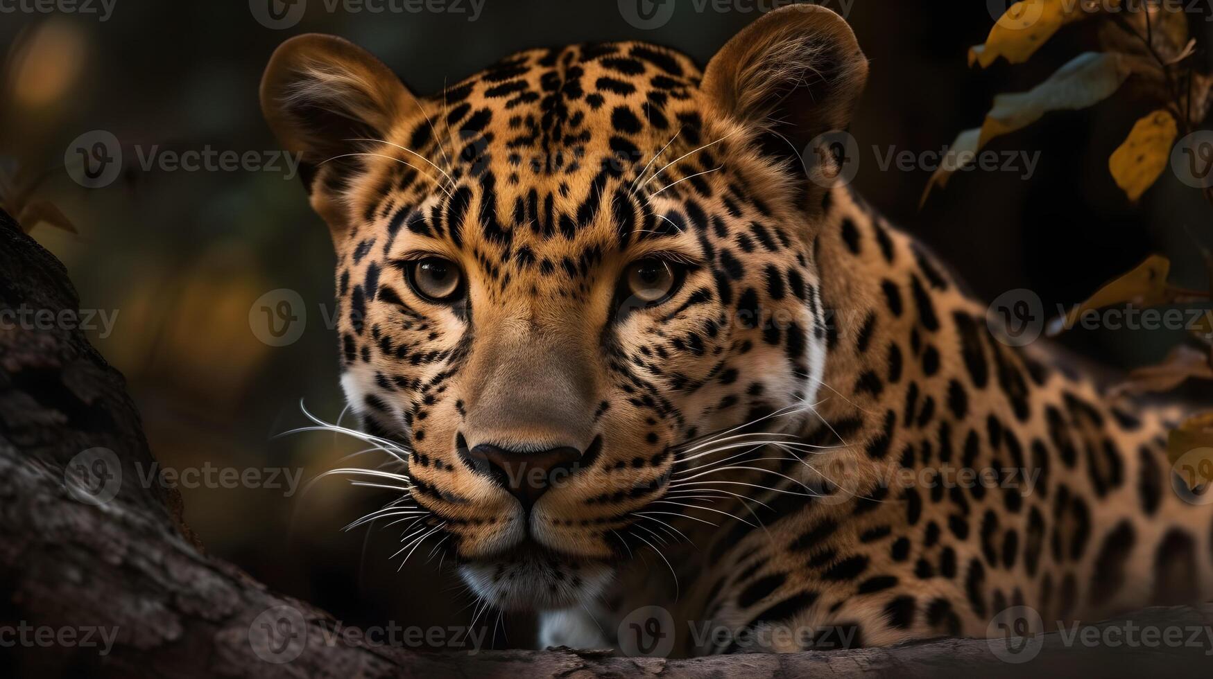 dichtbij omhoog portret van kant gezicht woest carnivoor luipaard, staren of op zoek Rechtdoor vooruit Bij natuur achtergrond. ai gegenereerd foto