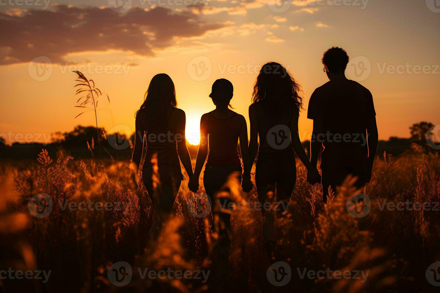 silhouet van vriendschap Holding handen tegen de achtergrond van een weide Bij zonsondergang ,generatief ai foto