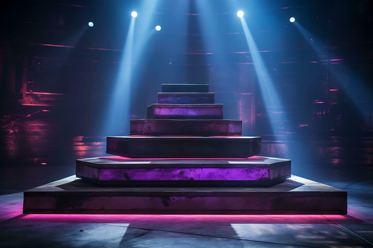metalen podium in een futuristische instelling verlichte door neon lichten voor bevorderen tech producten en snijdend ai generatief foto
