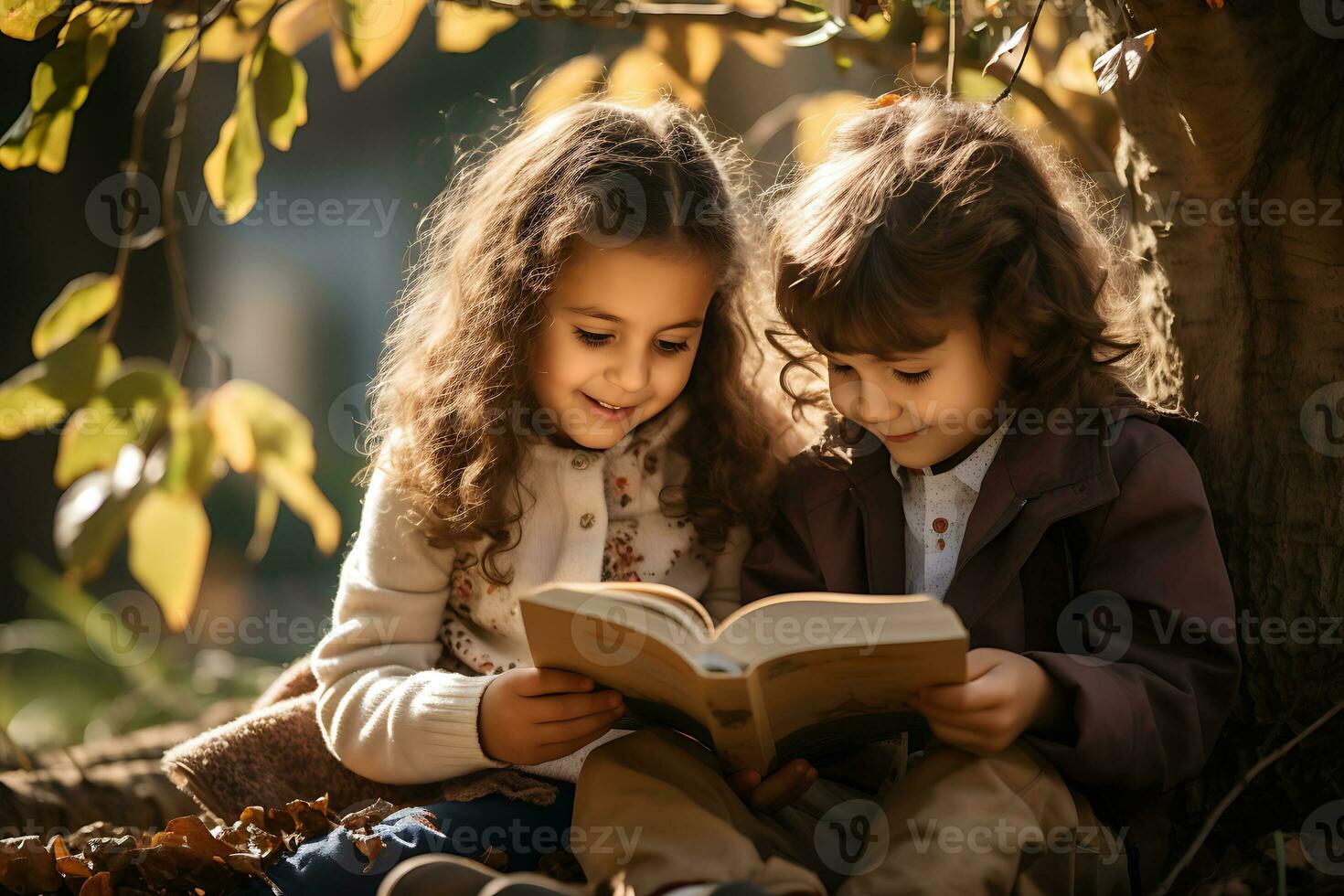 een kind is lezing een boek in herfst park. schattig kinderen hebben pret buitenshuis ai generatief foto