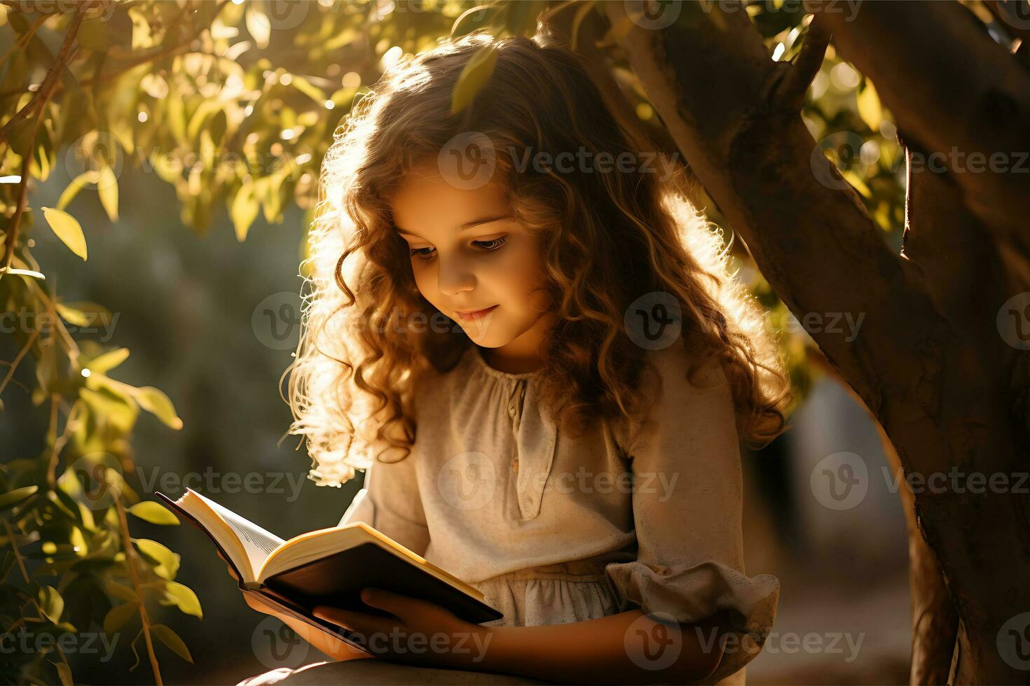 een kind is lezing een boek in herfst park. schattig kinderen hebben pret buitenshuis ai generatief foto