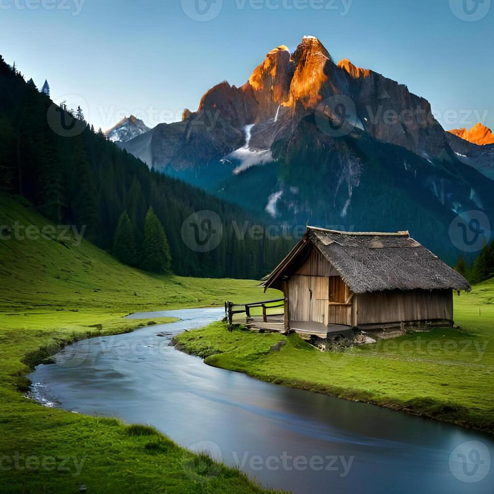 ai generatief landschap berg met hut foto