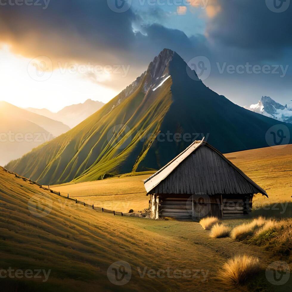 ai generatief landschap berg met hut foto