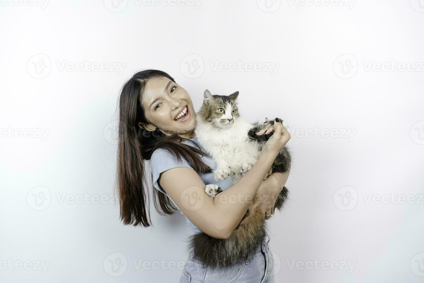 portret van jong Aziatisch vrouw Holding schattig Angora kat met geel ogen. vrouw knuffelen haar schattig lang haar- pot geïsoleerd door wit achtergrond. aanbiddelijk huiselijk huisdier concept. foto