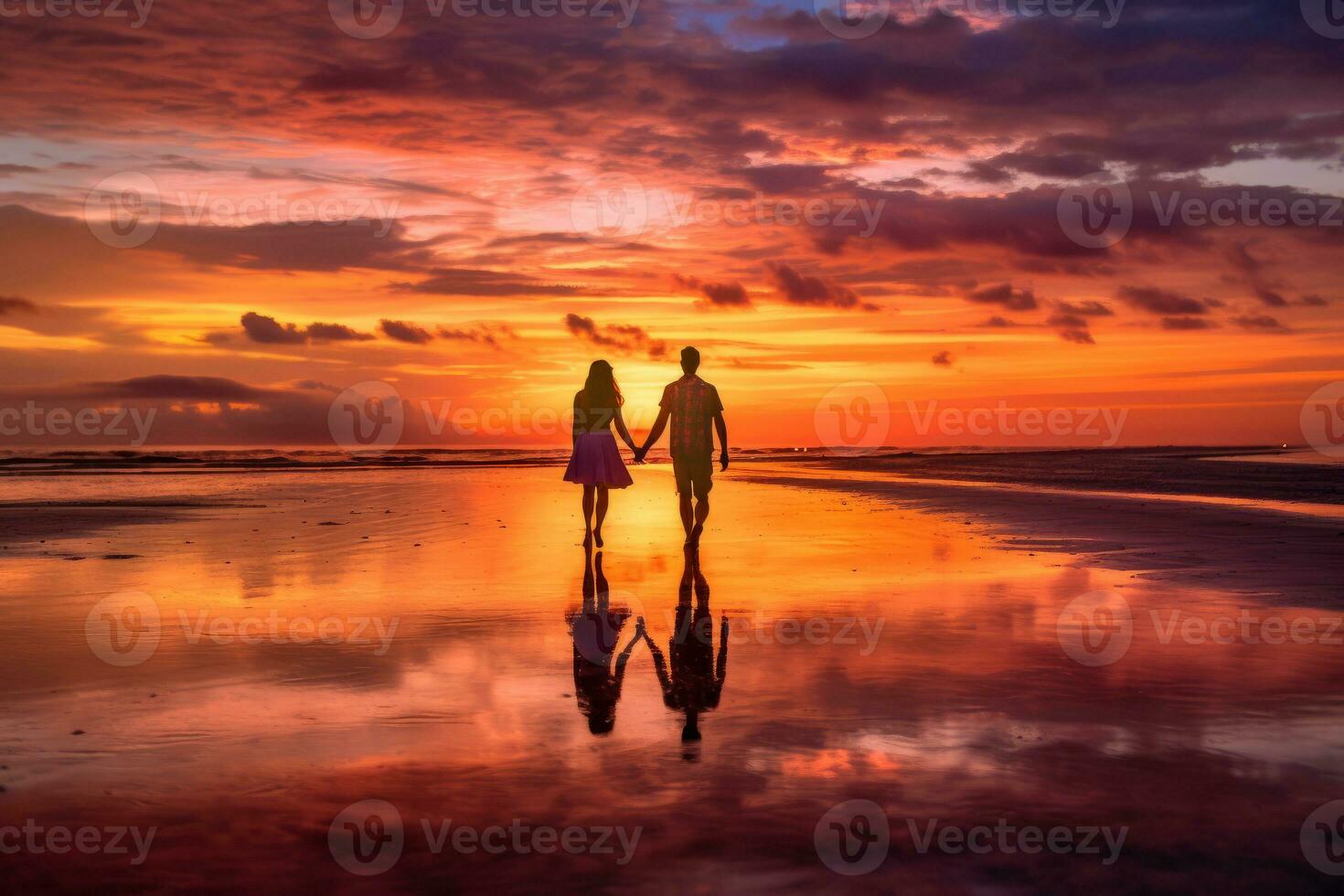 paar nemen een ontspannen wandelen Aan de strand, Holding handen en genieten van de zonsondergang. foto