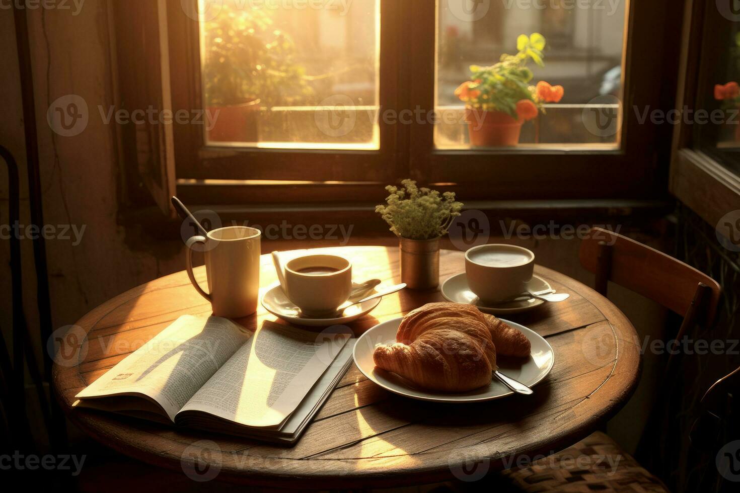 ochtend- koffie en krant- Aan een knus ontbijt tafel. foto