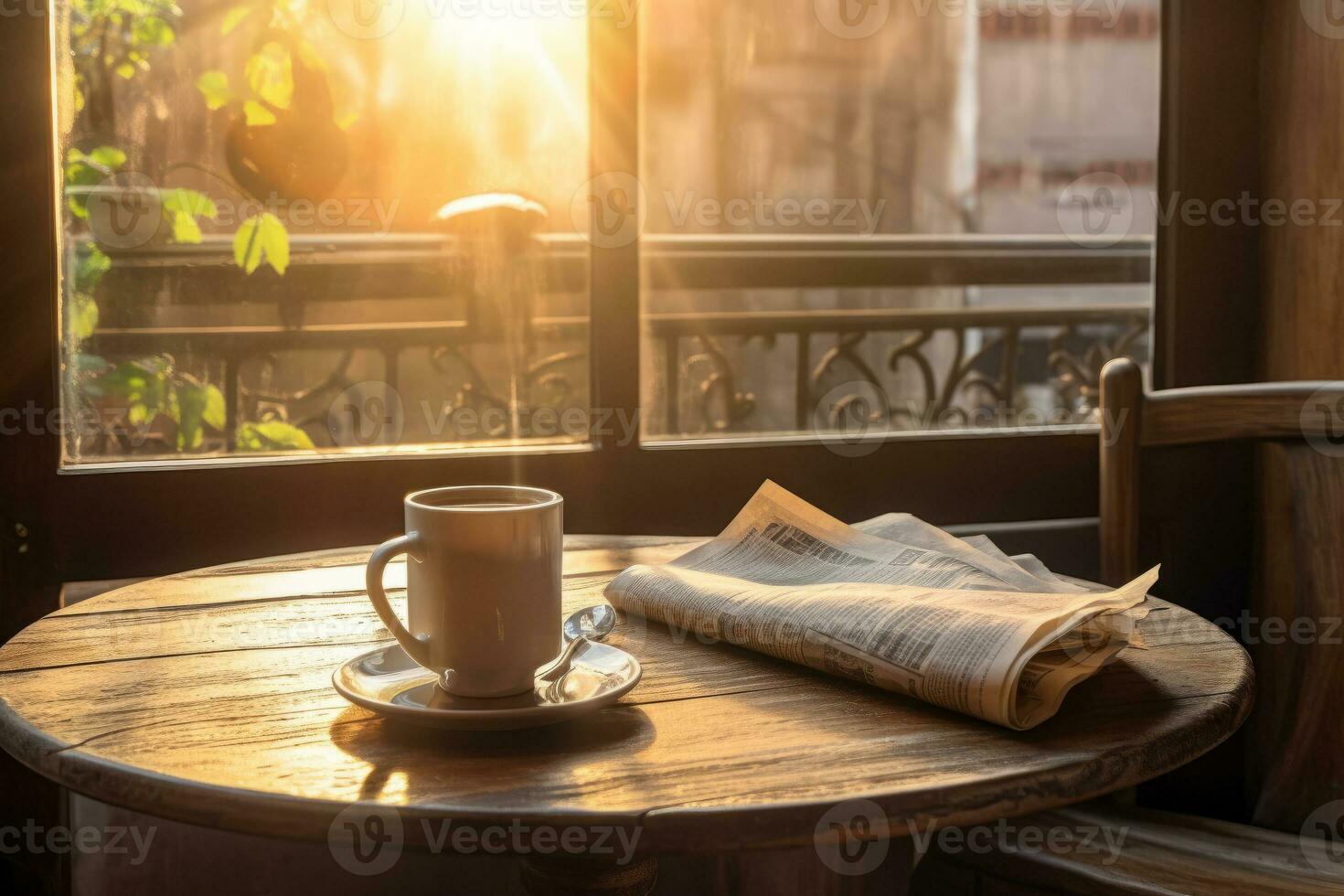 ochtend- koffie en krant- Aan een knus ontbijt tafel. foto