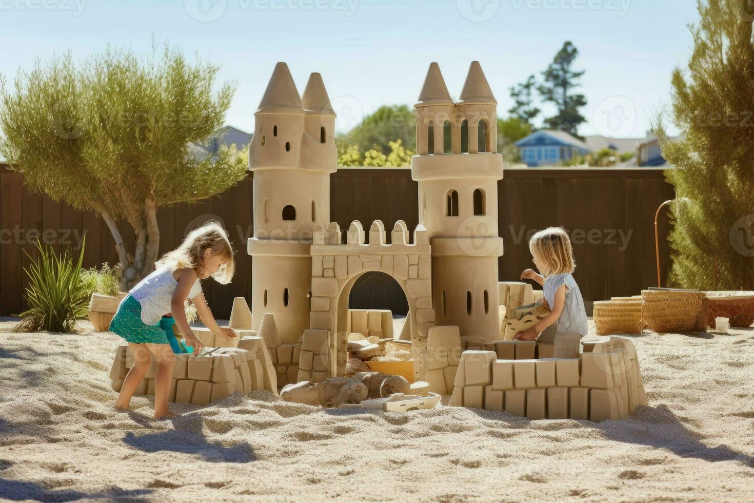 kinderen spelen in een achtertuin, gebouw een Zandkasteel of spelen met een bal. foto