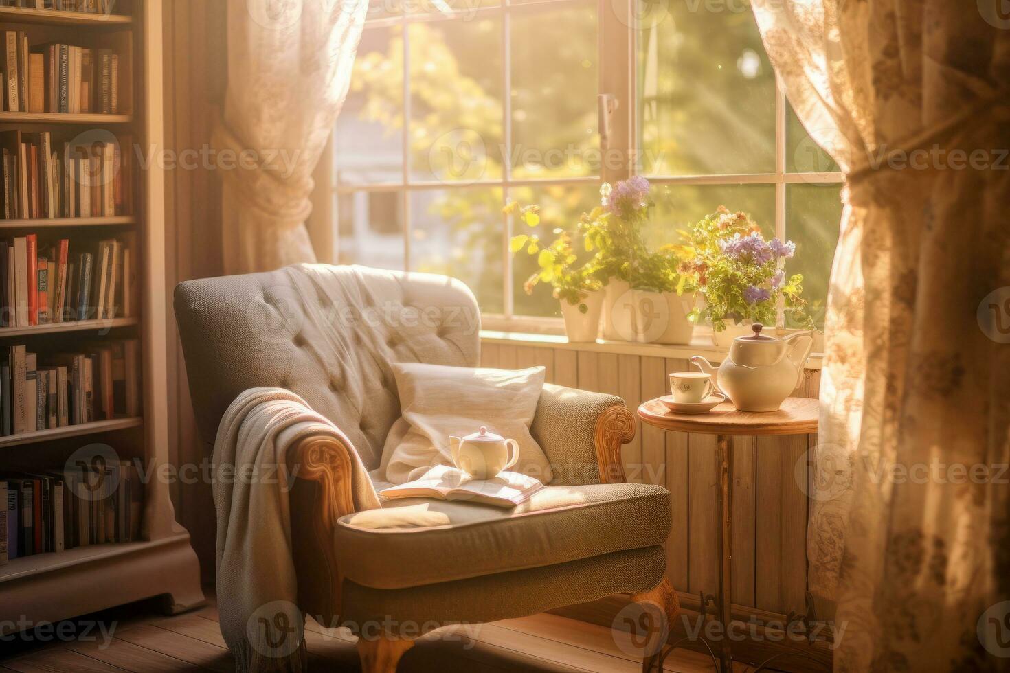 een ontspannende in een comfortabel fauteuil door een venster, met zacht zonlicht streaming in. foto