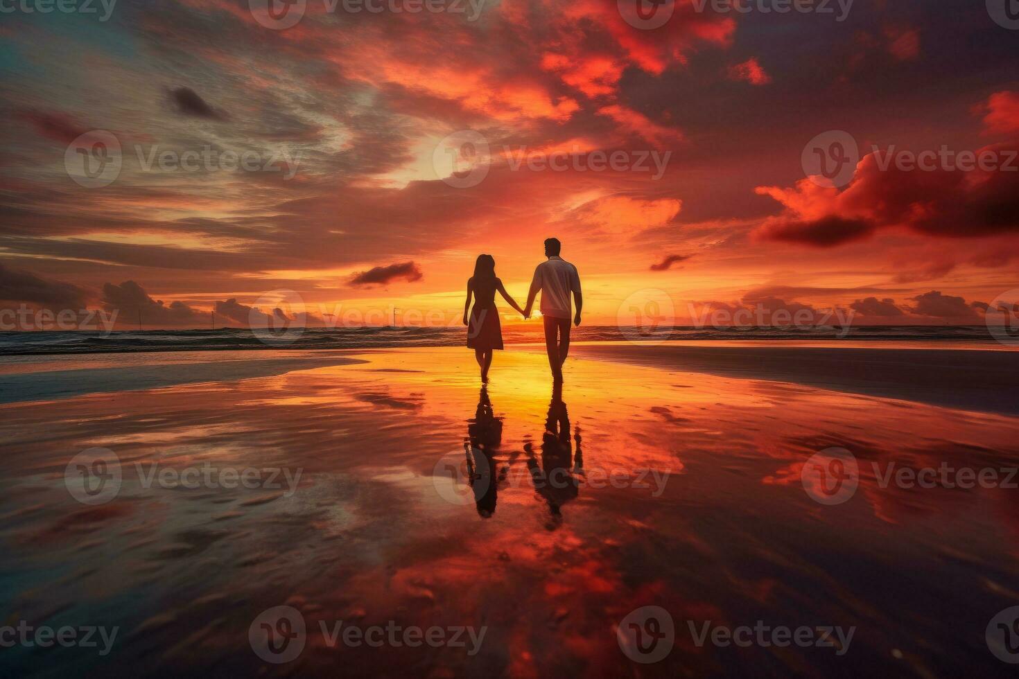 paar nemen een ontspannen wandelen Aan de strand, Holding handen en genieten van de zonsondergang. foto