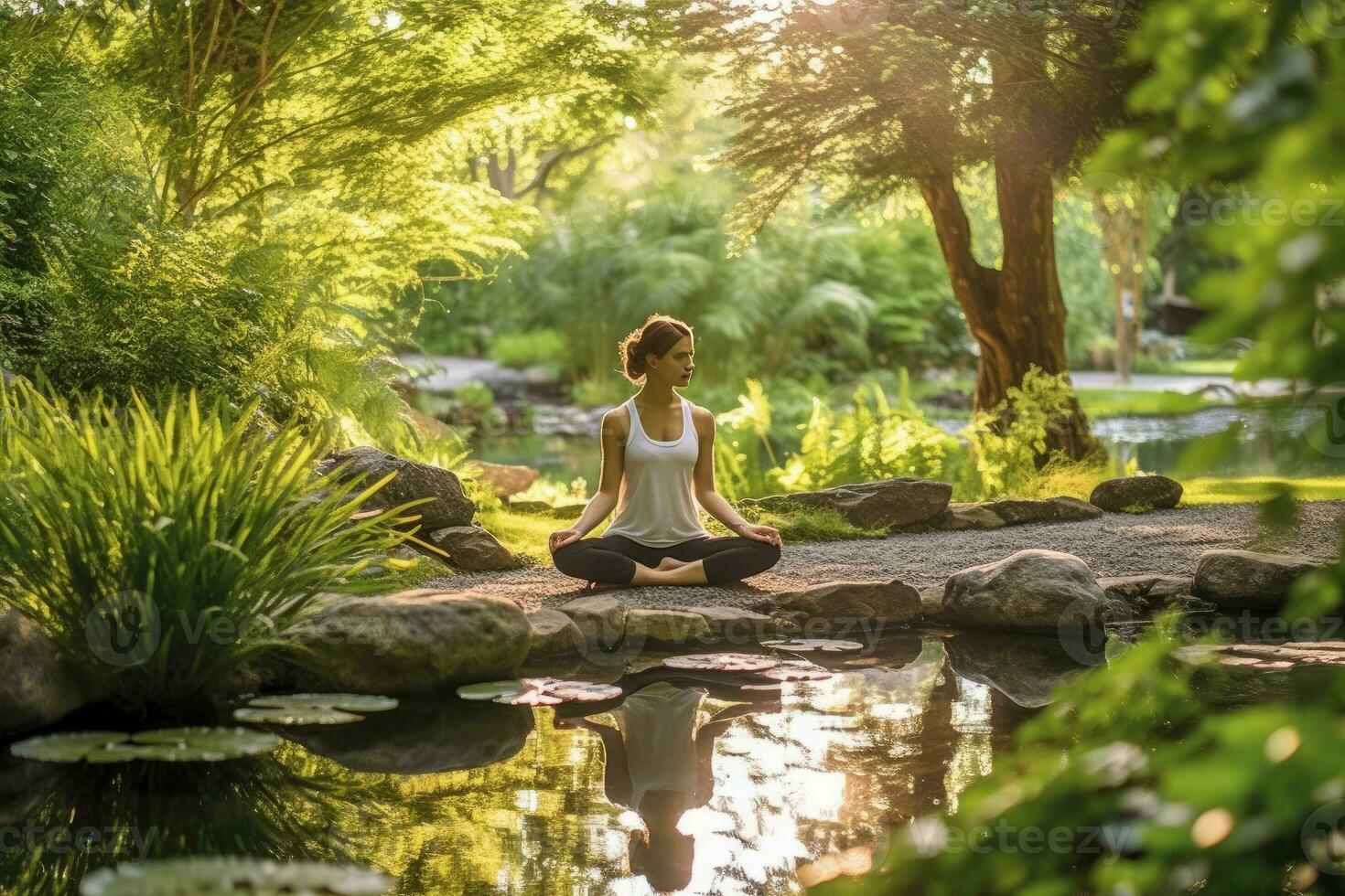 persoon beoefenen yoga in een vredig buitenshuis instelling, Verbinden met natuur. foto