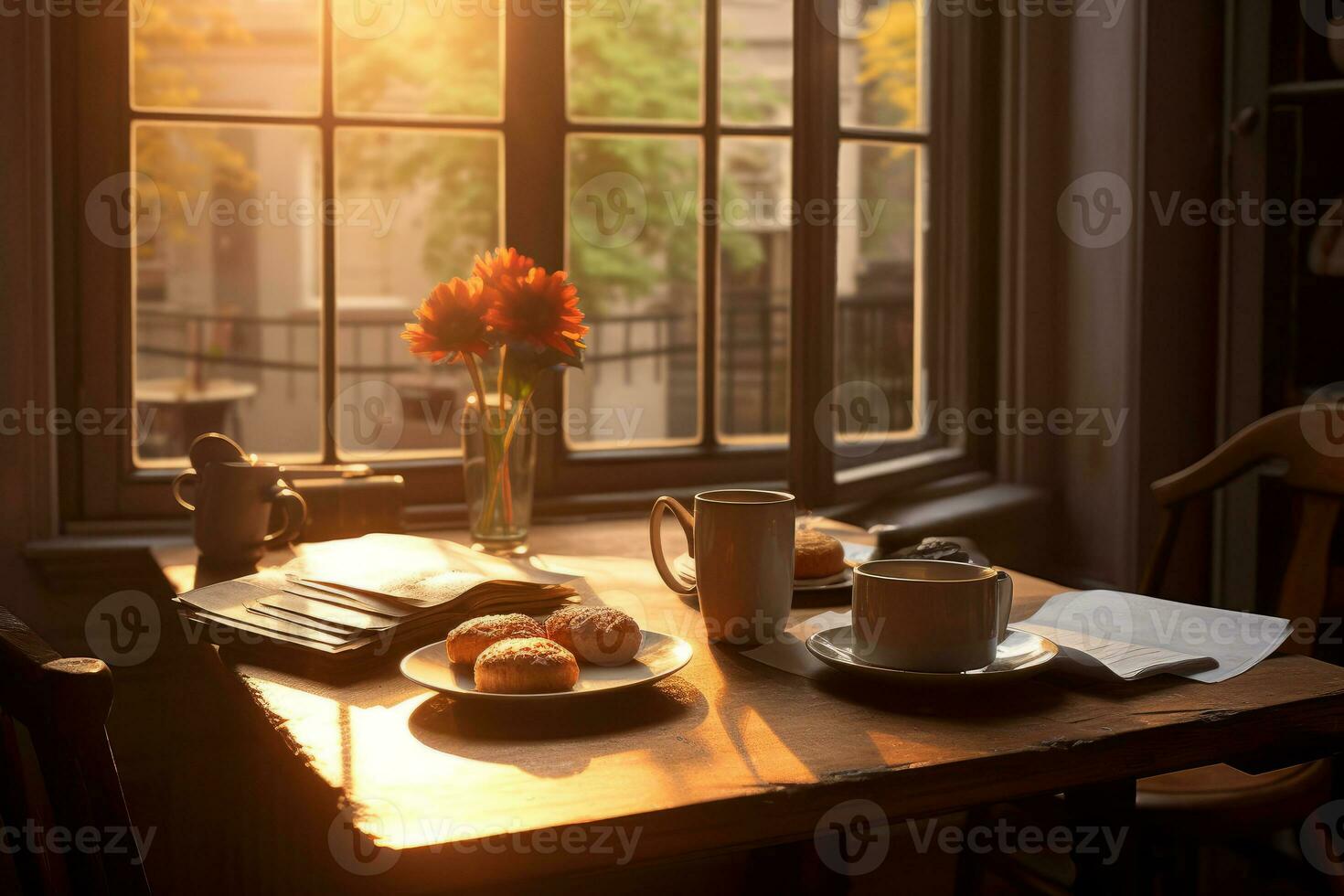 ochtend- koffie en krant- Aan een knus ontbijt tafel. foto