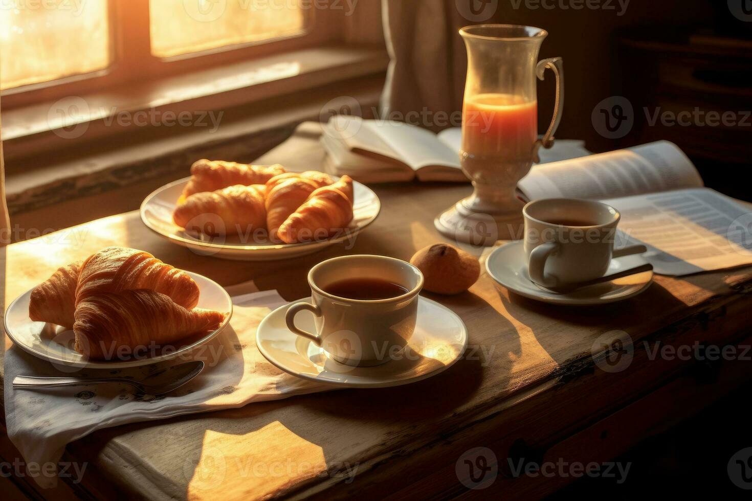 ochtend- koffie en krant- Aan een knus ontbijt tafel. foto