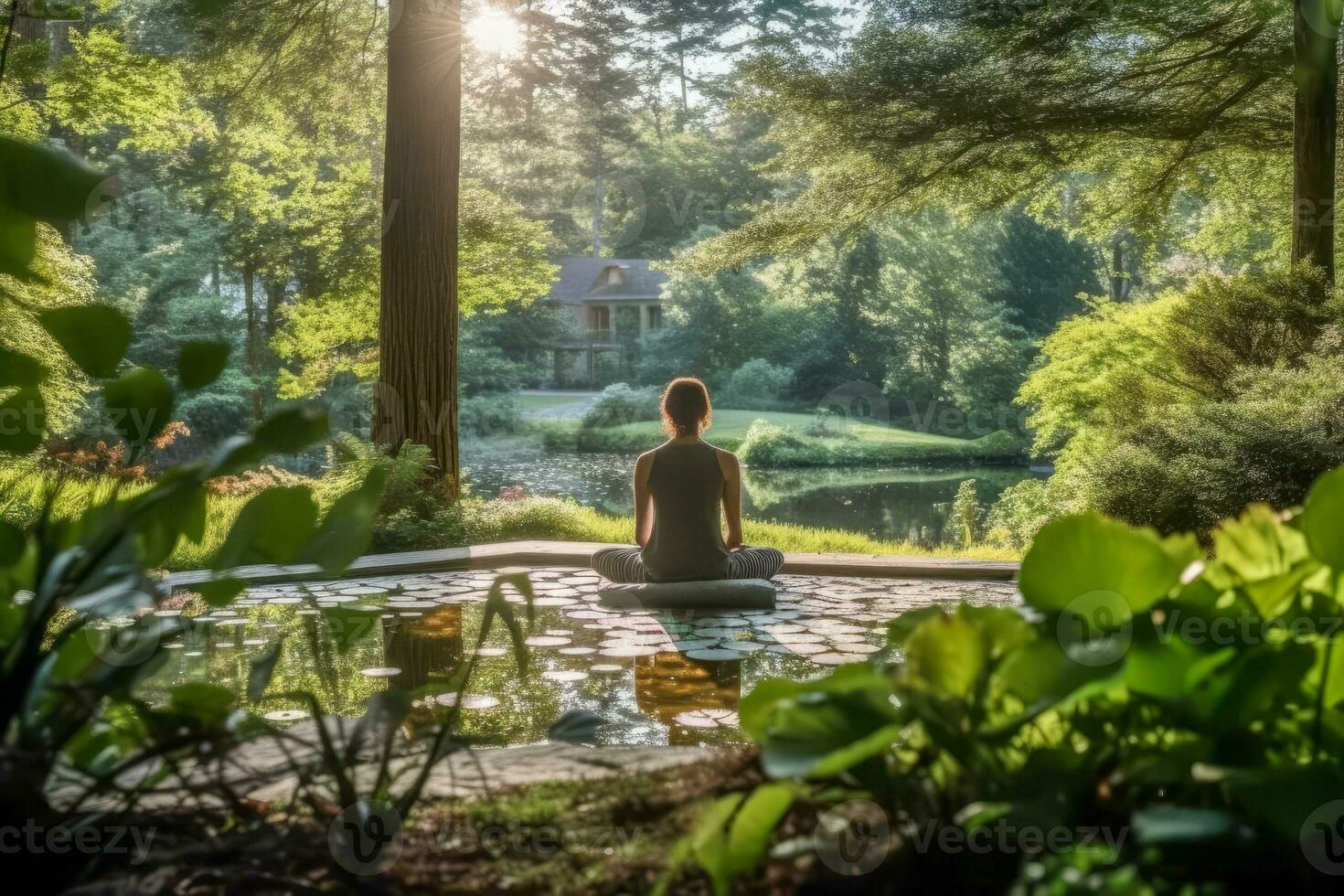 persoon beoefenen yoga in een vredig buitenshuis instelling, Verbinden met natuur. foto