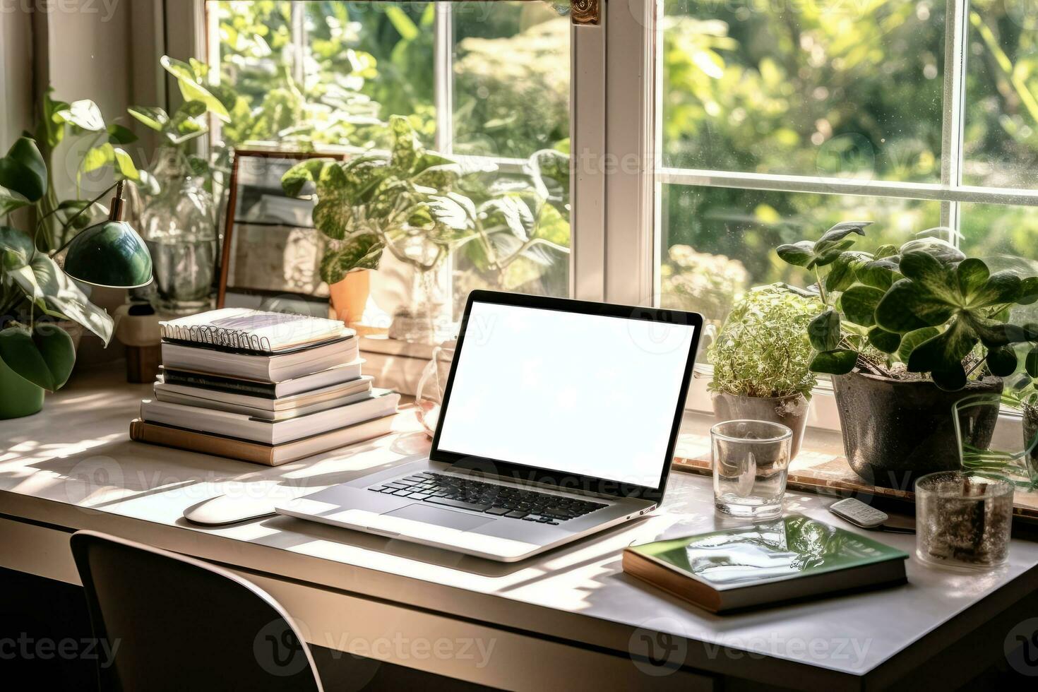 een laptop in een modern huis kantoor met wit scherm. foto