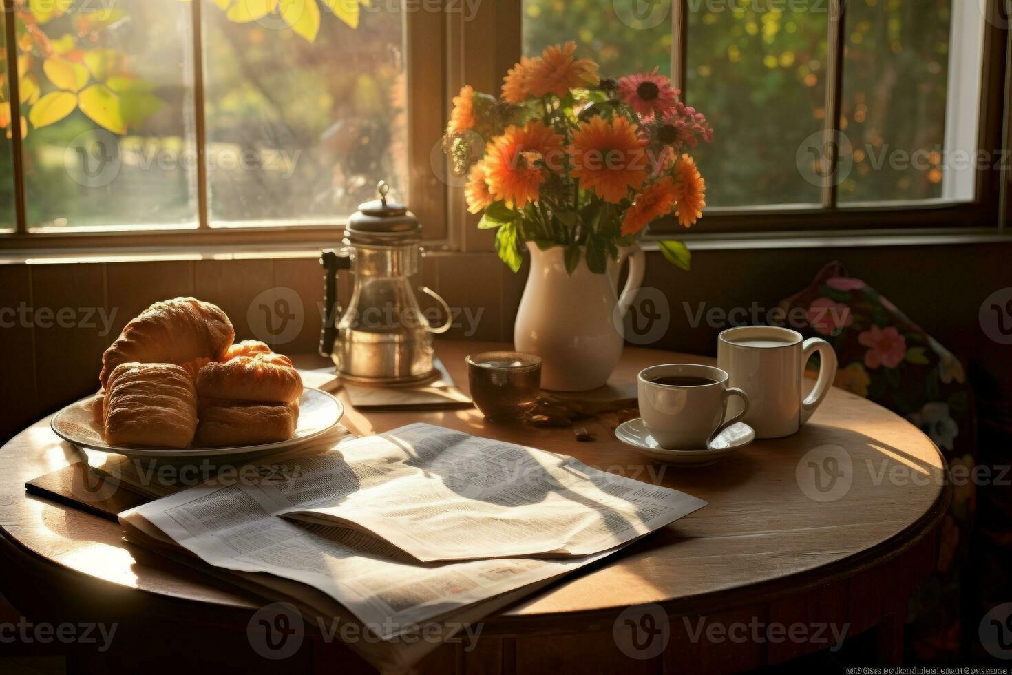 ochtend- koffie en krant- Aan een knus ontbijt tafel. foto