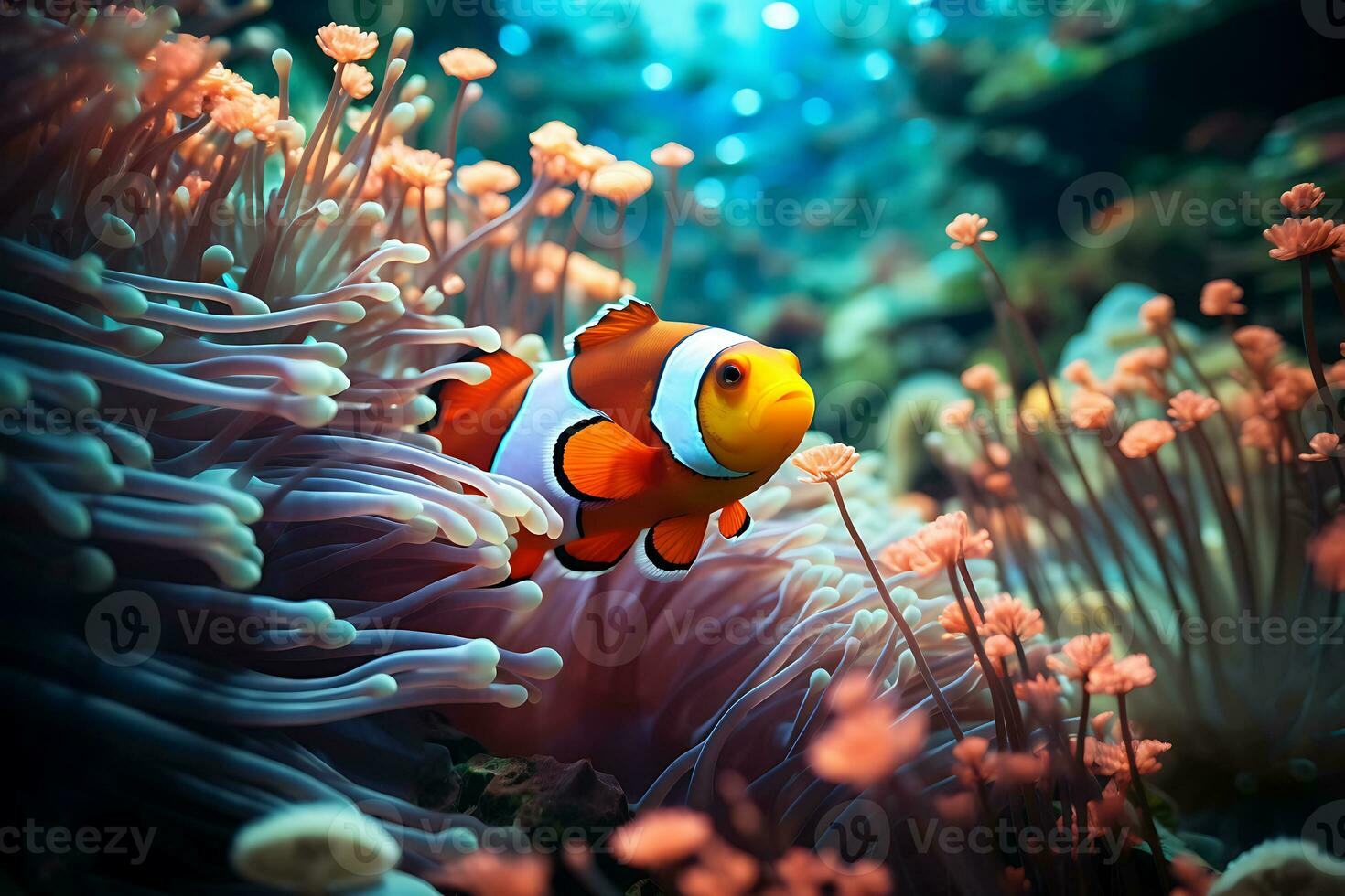 clown anemoonvis, amphiprion percula, zwemmen tussen de tentakels van haar anemoon huis. foto