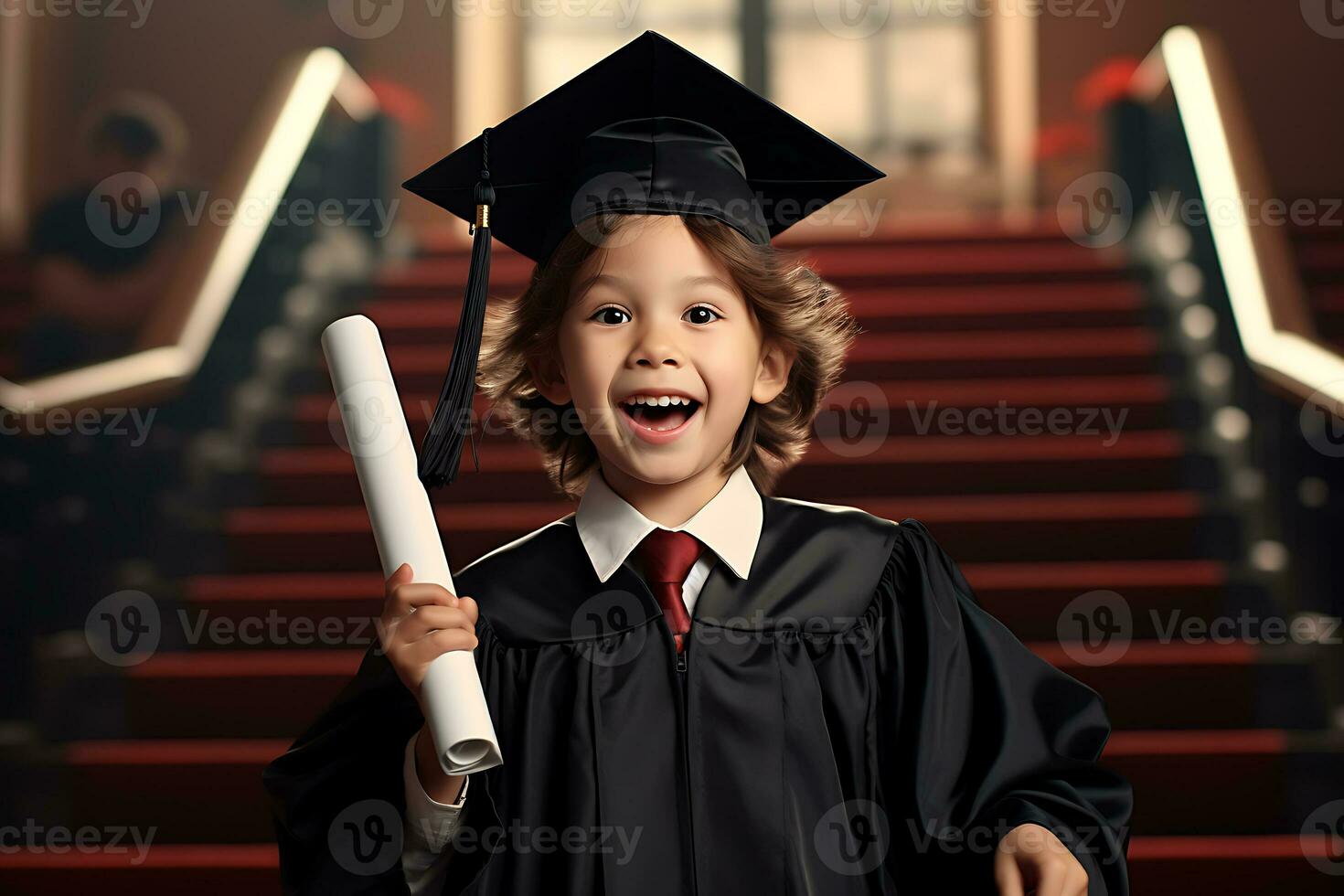 een kind wonderkind vieren diploma uitreiking met certificaat en kap. ai gegenereerd. foto