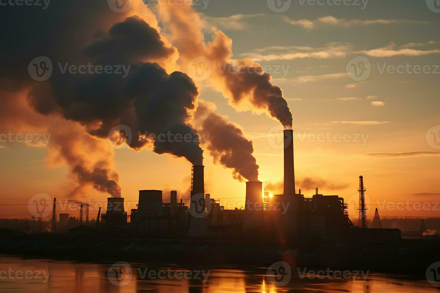 emissie naar atmosfeer van industrieel fabriek schoorsteen. steenkool ontslagen macht station silhouet Bij zonsondergang. ai gegenereerd. foto