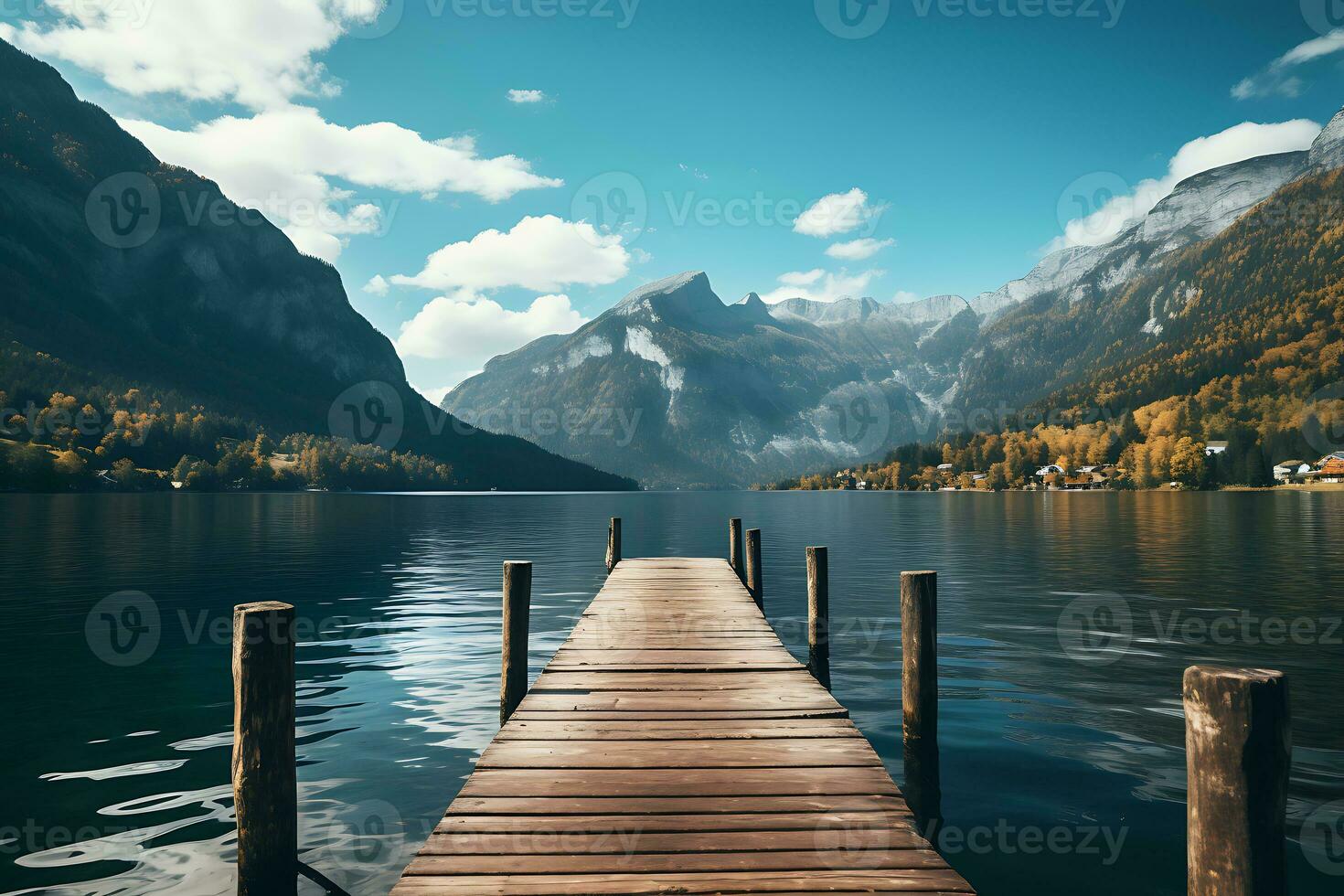 breed visie van houten pier door de meer met berg visie. ai gegenereerd. foto