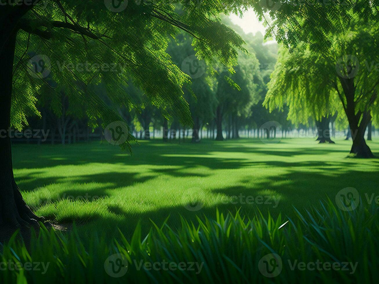 een groen met gras begroeid veld- met bomen en gras ai gegenereerd foto