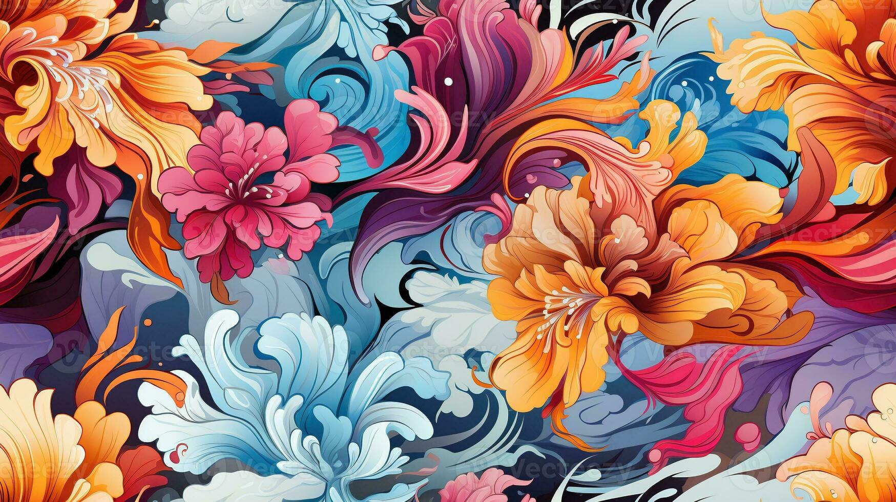 generatief ai, bloemen kleurrijk naadloos patroon. lisa openhartig en James jean geïnspireerd natuurlijk planten en bloemen achtergrond, psychedelisch illustratie. gebladerte ornament. foto