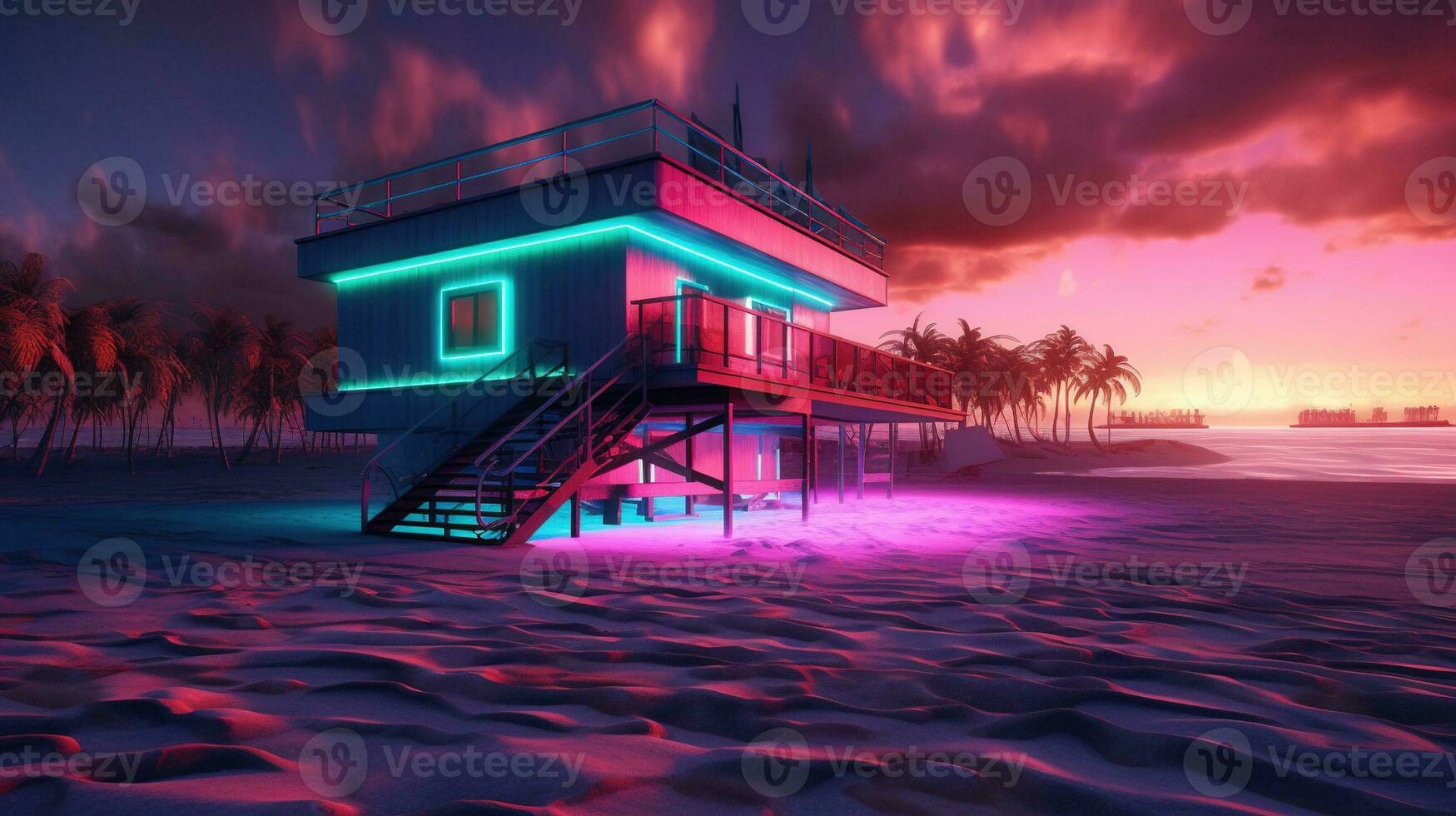 generatief ai, Miami strand hutten, zomer gevoel retro illustratie. wijnoogst roze en blauw kleuren, gebouwen, Californië handpalmen, 80s stijl foto