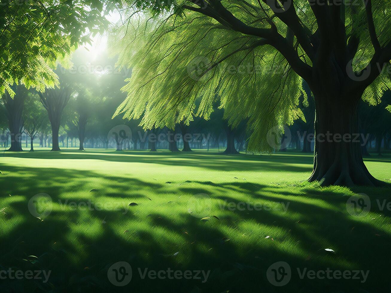 een groen met gras begroeid veld- met bomen en gras ai gegenereerd foto