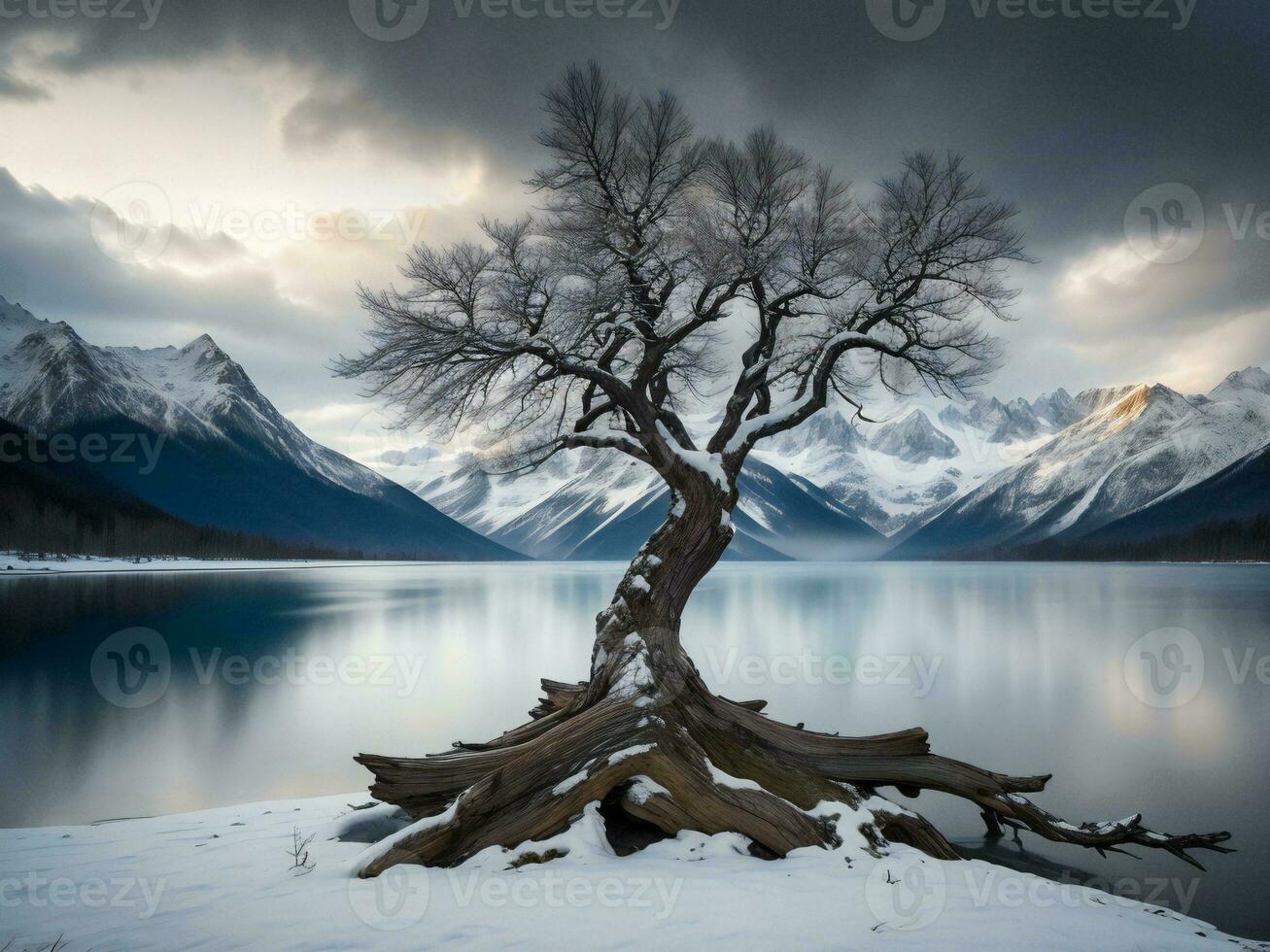 een eenzaam boom staat Aan de kust van een meer met bergen in de achtergrond ai gegenereerd foto