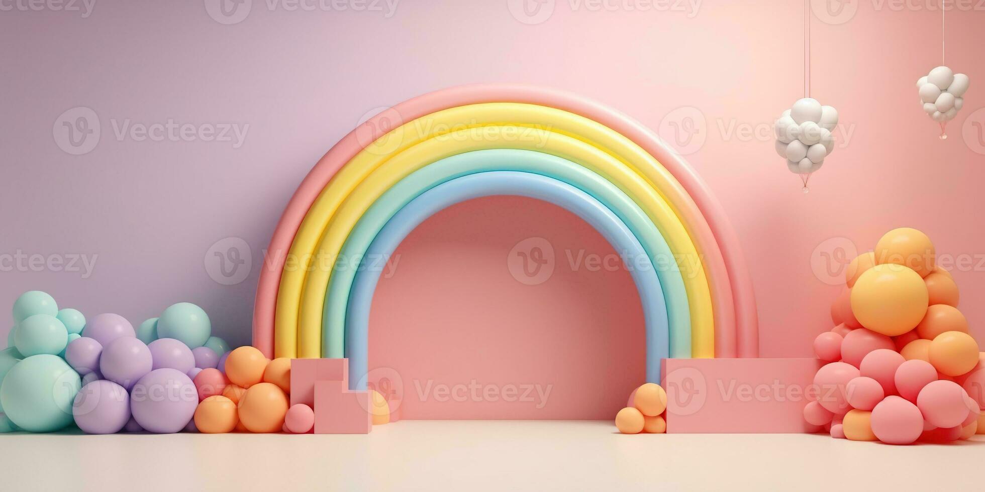 generatief ai, regenboog en kleurrijk ballonnen. verjaardag partij 3d achtergrond. model, sjabloon voor begroeting kaart foto