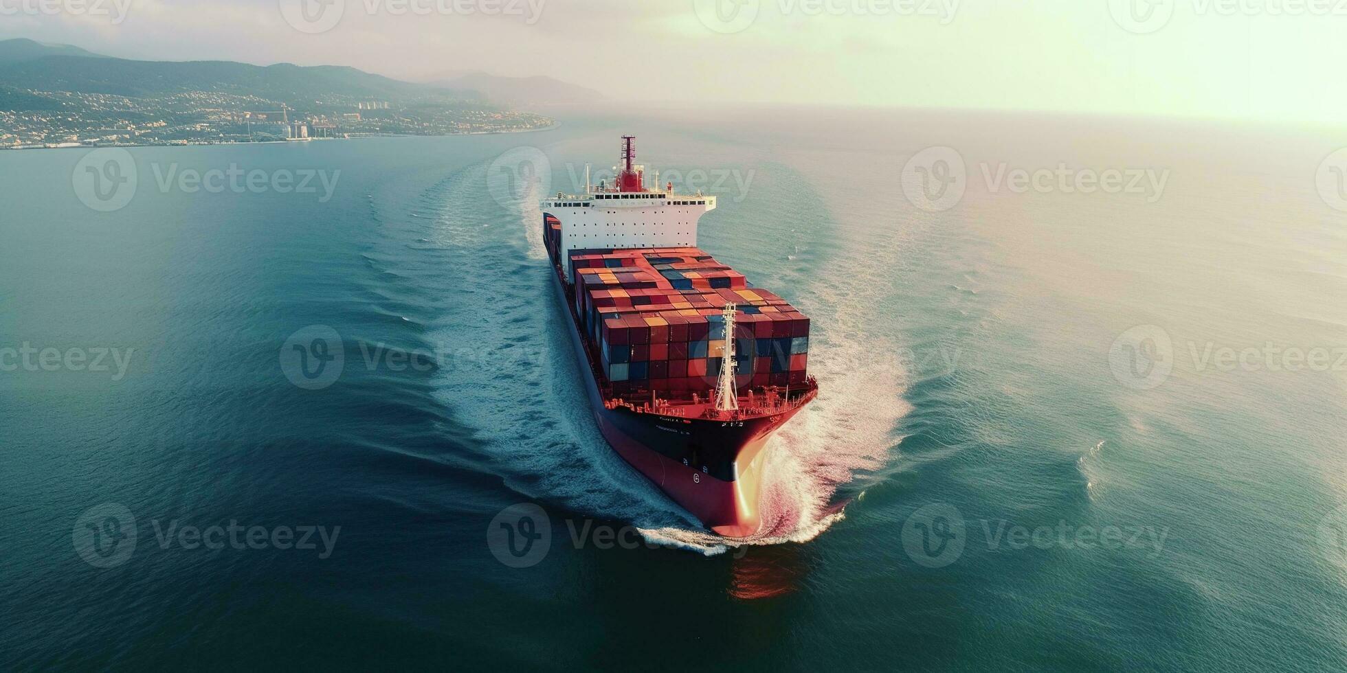 generatief ai, houder schip in importeren exporteren en bedrijf logistiek. antenne visie, water vervoer, lading Verzending in Open zee. foto