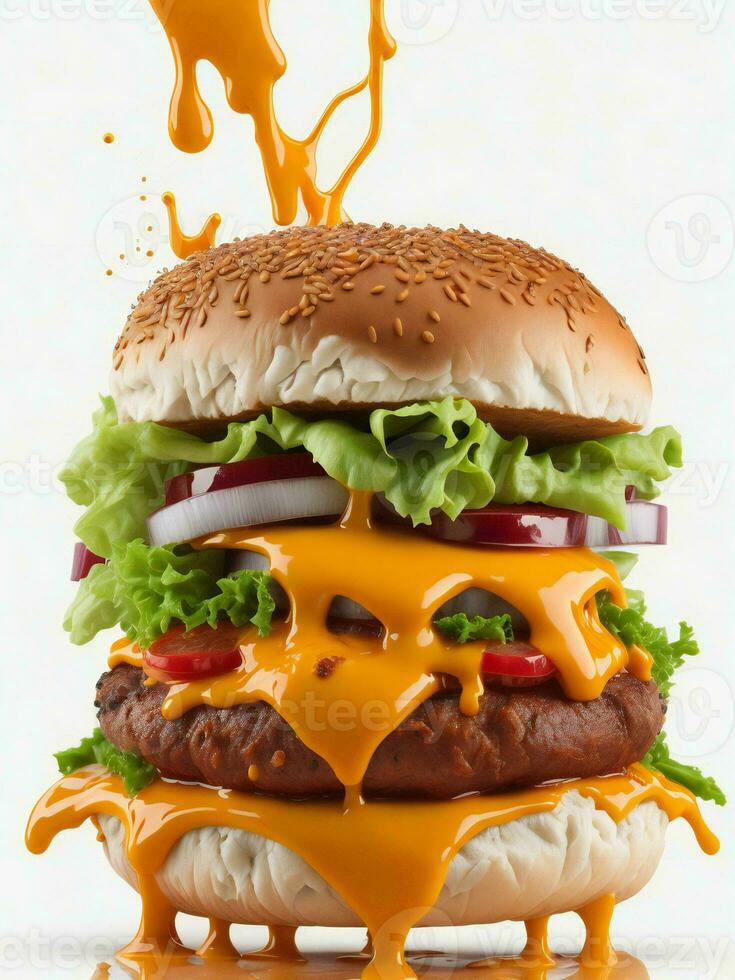 een Hamburger met een veel van ketchup en kaas ai gegenereerd foto