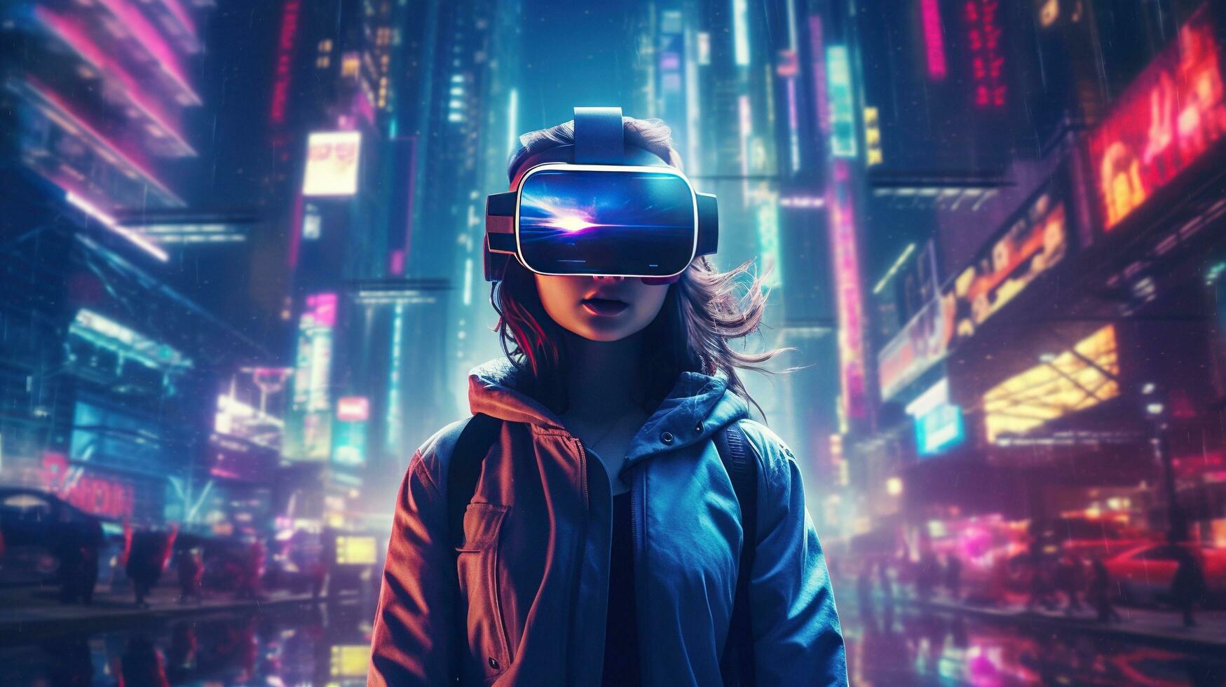 generatief ai, mooi vrouw in vr bril in neon ruimte straat, virtueel realiteit koptelefoon in cyberspace foto