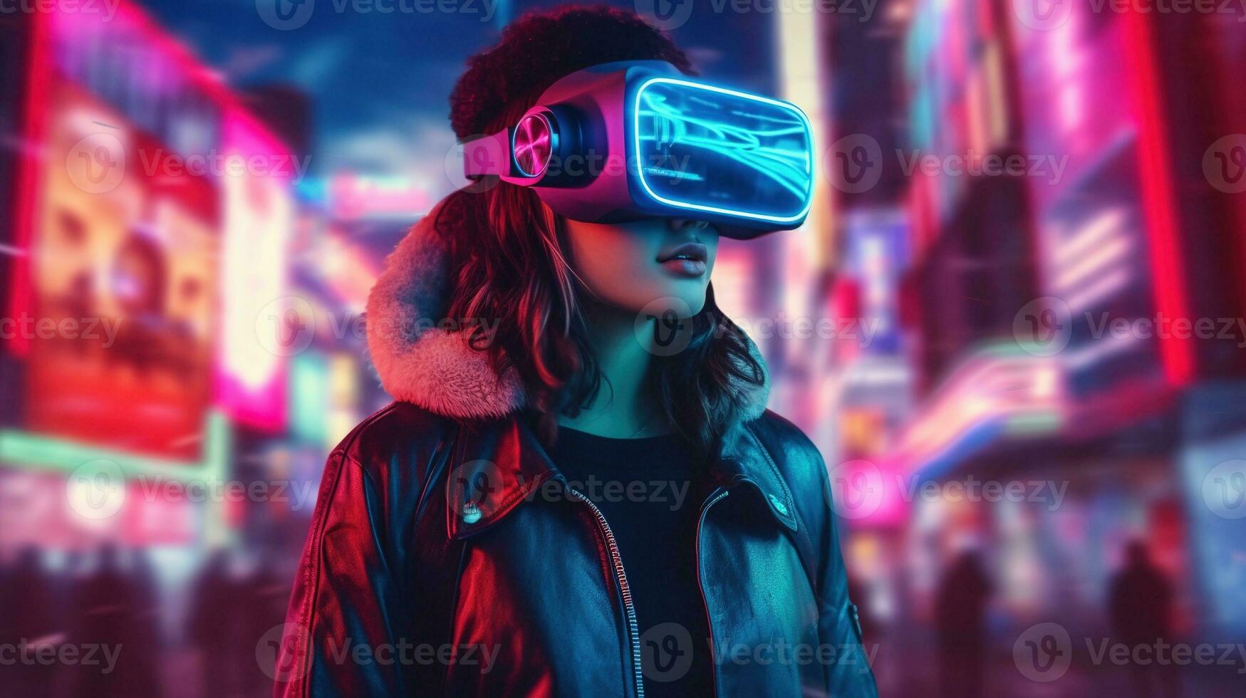 generatief ai, mooi vrouw in vr bril in neon ruimte straat, virtueel realiteit koptelefoon in cyberspace foto